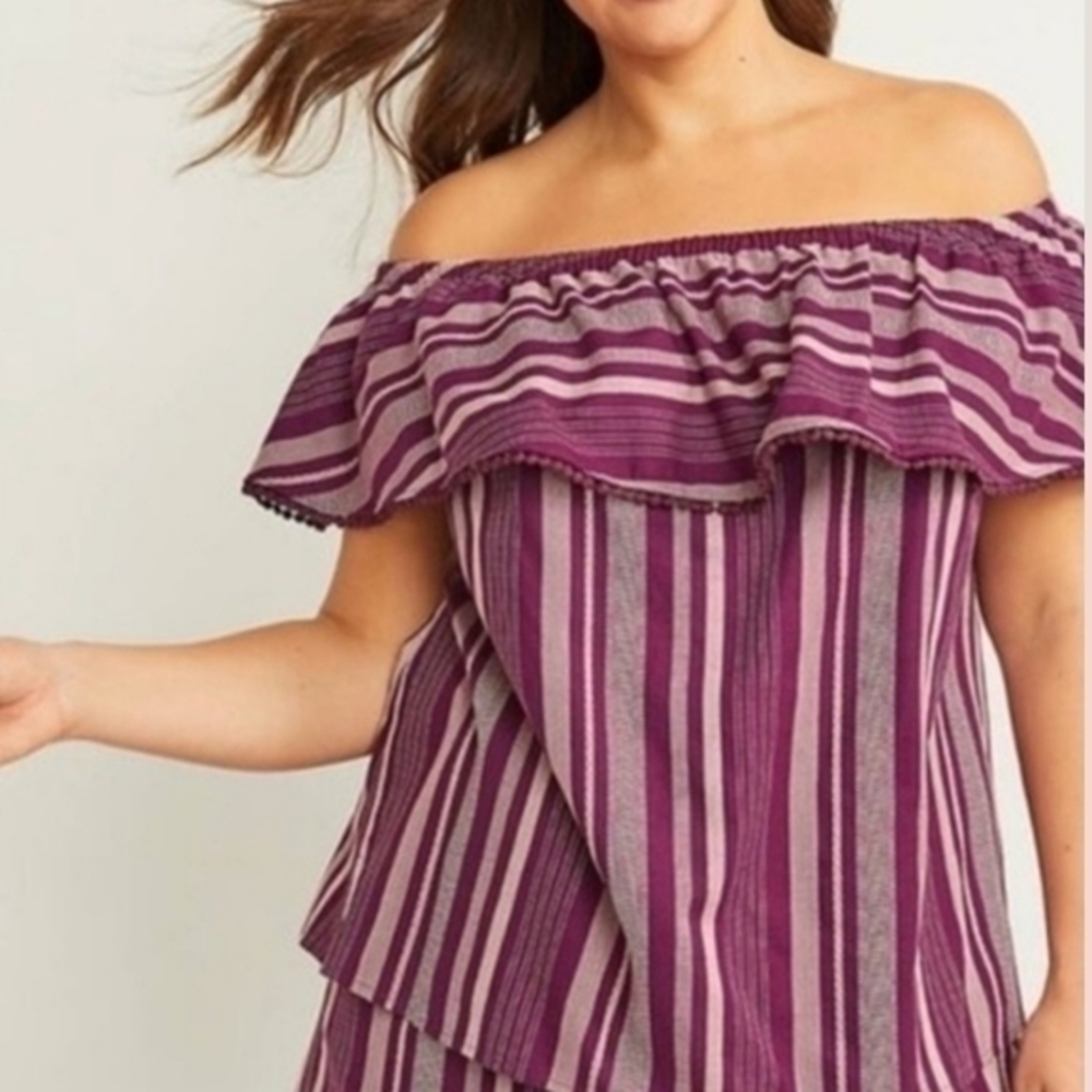 Lane Bryant Women's Cotton Blend Off Shoulder Purple Stripe Resort Top